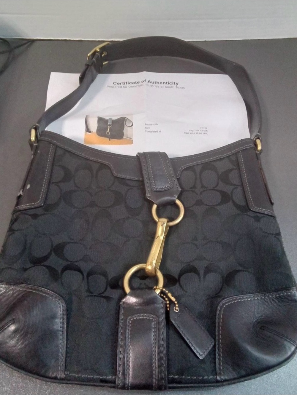 Coach Black Signature Canvas Hobo with Brass Clip